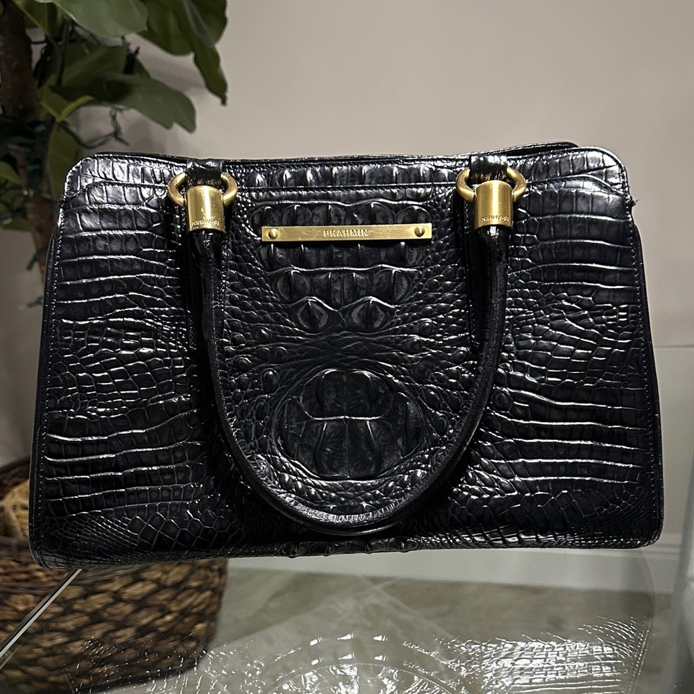 Brahmin Chelsea Black Croc Embossed Satchel with Gold Accents